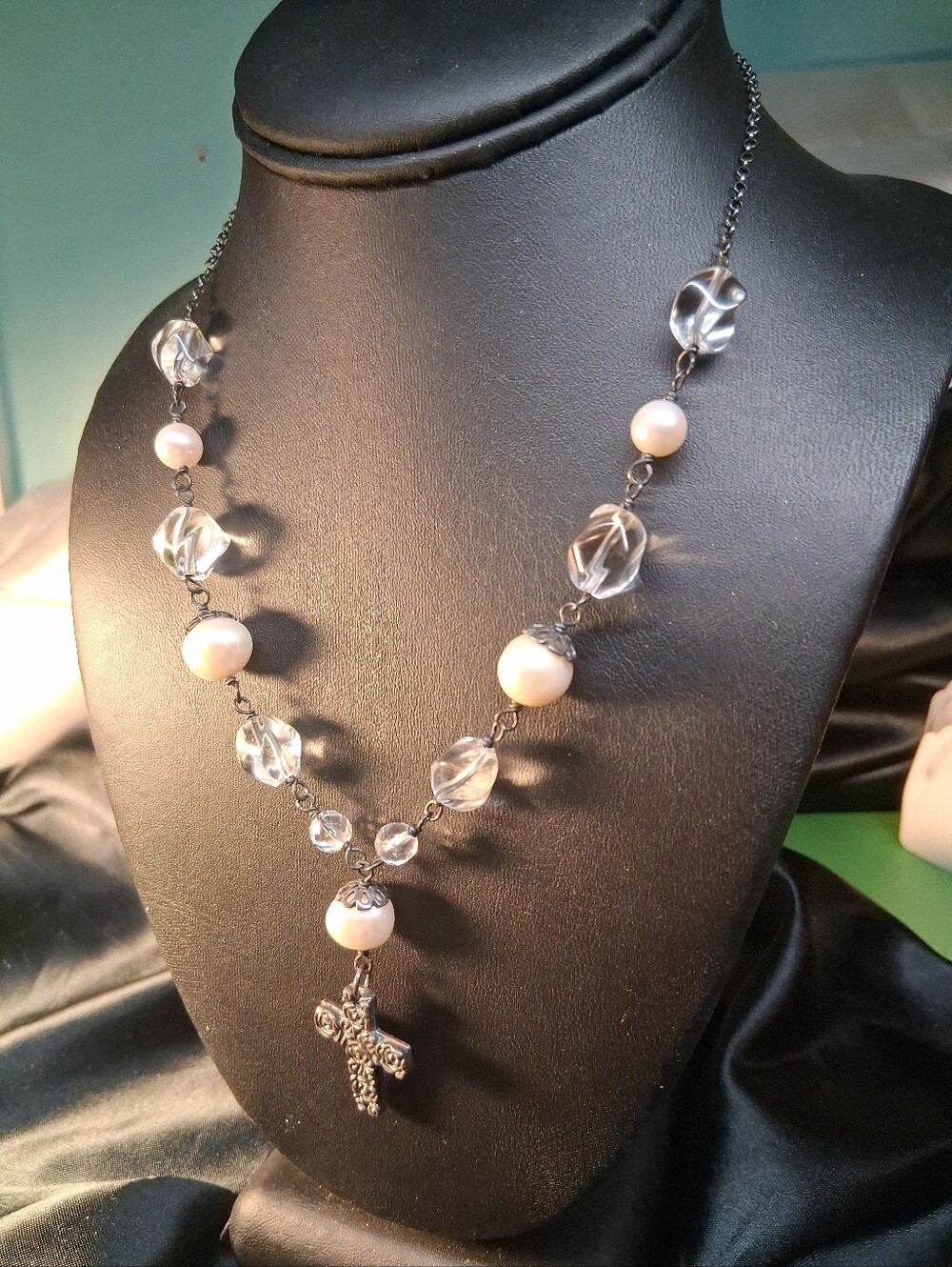 P4. 925 Sterling Silver Israel A.S. Rock Crystal& Real Pearl Rosary Necklace 16"